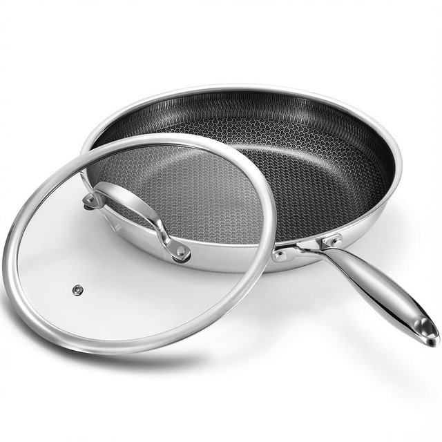 Non Stick Frying Pan 12 Inch with Lid, Hybrid Nonstick Stainless Steel Skillet Pan with Stay-cooling Handle, PFOA Free Non Toxic Dishwash & Oven Safe Kithchen Cookware Set Compatible All Cooktops