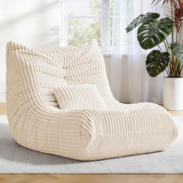 Bean Bag Chair with Lumbar Pillow, Gaint Bean Bag Chairs for Adults, Oversized Corduroy Beanbag Chair with Memory Foam Filled, Lazy Floor Sofa for Reading Gaming Living Room Bedroom (Beige)