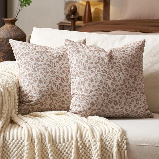Aeckself Neutral Floral Pillow Covers 20x20 Set of 2, Vintage Block Print Throw Pillow Covers Decorative Farmhouse Accent Couch Pillows for Living Room Bedroom, Beige