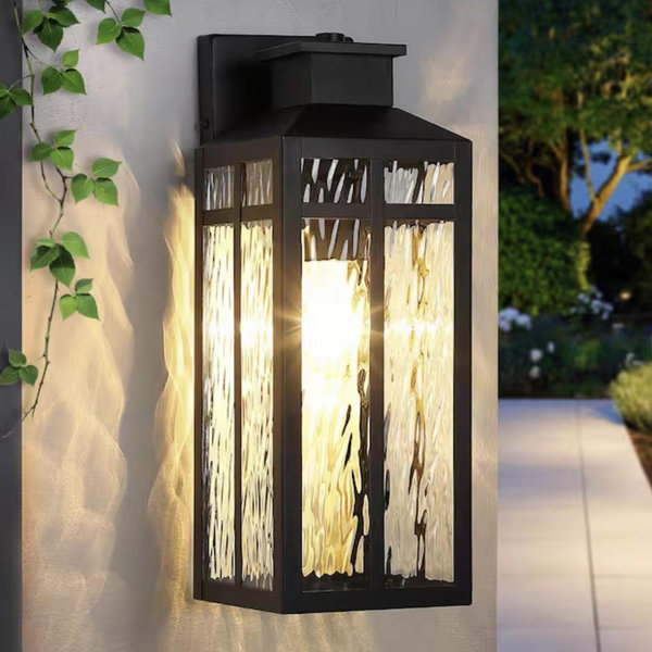 pasentel 15 in. 1-Light Black Outdoor Hardwired Wall Lantern Sconce Light with Ripple Tempered Glass, No Bulbs Included HWBD002-1-BK