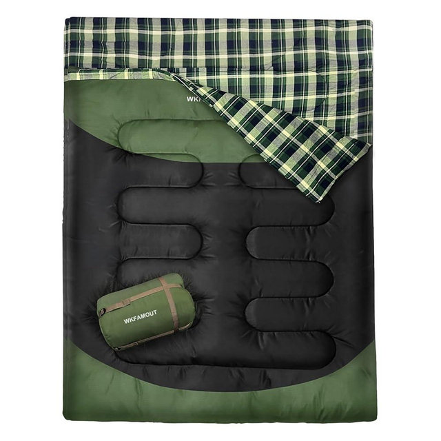 WKFAMOUT Double Sleeping Bag for Adults Machine Washable 2 Person Camping Sleeping Bag Queen Size Waterproof with Compression Sack for Cold Weather 3-4 Seasons