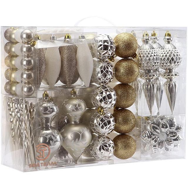 Sea Team 91 Pieces of Assorted Shatterproof Christmas Ball Ornaments Set Seasonal Decorative Hanging Ornament Set with Reusable Hand-held Gift Package for Holiday Xmas Tree Decorations, Gold & White
