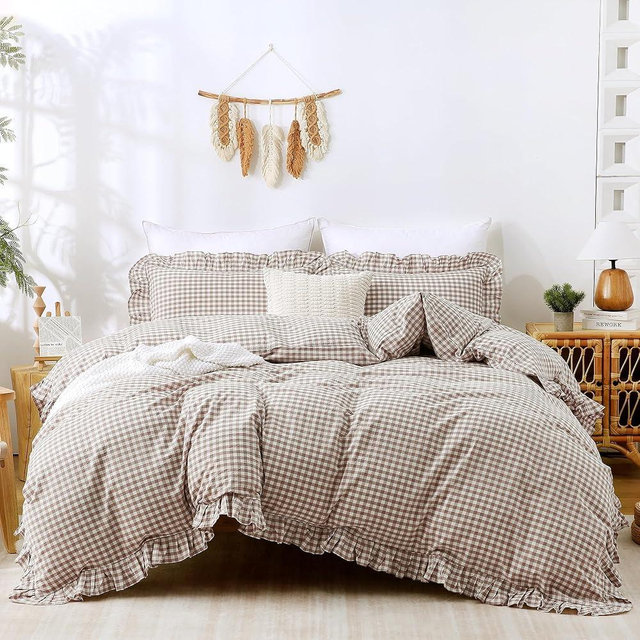 ATsense Tan Gingham Duvet Cover Bedding Set 100% Washed Cotton Like Linen Feel Soft Breathable 3 Pcs Brown Plaid Checkered Cute Ruffle Comforter Cover Set (Queen 90"x90", No Comforter)