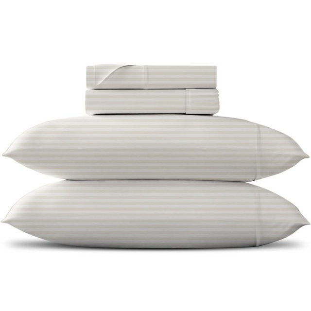 TEXAS LINEN CO. Luxury Egyptian Cotton King Stripe Sheet Set, 600 Thread Count Extra Long Staple 4 PC Set, King Damask Sheets, Soft, Cooling Sateen Weave Striped Sheets Upto 18" Deep Pocket - Ivory