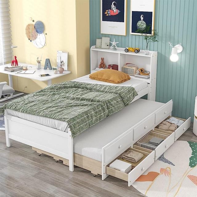 Twin Bed with Trundle and Storage Drawers Wood Captain’s Bed Frame with Bookcase Headboard and Slat Support for Kids Boys Girls Teens, Twin Size, White