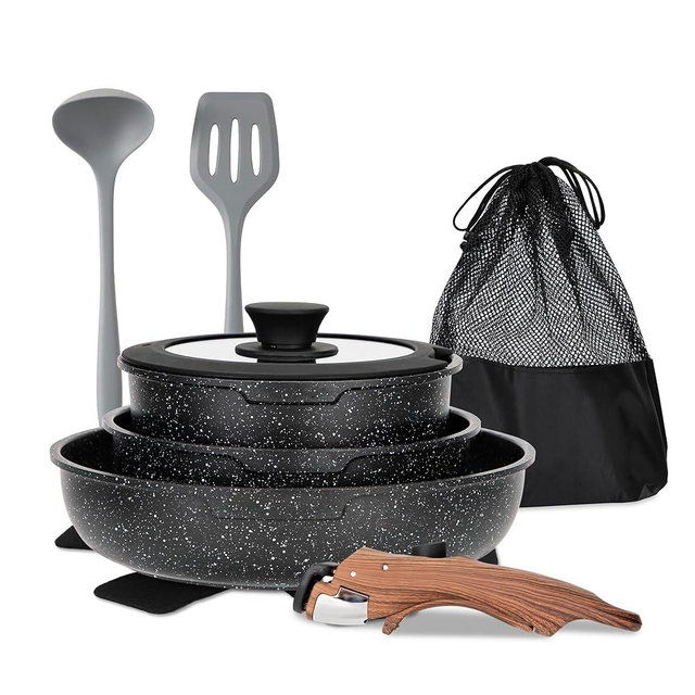 MAISON ARTS Detachable Handle Pots and Pans Set, 10 Piece Nonstick Black Granite Cooking Pot, Stackable Induction Cookware Sets, Ideal for Camping and RVs