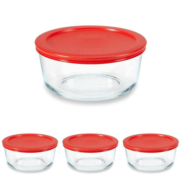 Pyrex Simply Store Glass Food Storage Container, Snug Fit Non-Toxic Plastic BPA-Free Lids, Freezer Dishwasher Microwave Safe, 4 Cup (Pack of 4)
