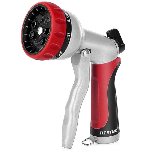 RESTMO Garden Hose Nozzle, Heavy Duty Metal Water Hose Nozzle with 7 Adjustable Spray Patterns, High Pressure Hand Sprayer with Flow Control, Best for Watering Plants & Lawns, Washing Cars & Pets, Red
