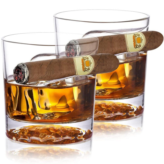 Chouggo Cigar Whiskey Glasses - Unique Ice Ball Bottom Design, Old Fashioned Whiskey Glasses with Cigar Holder Rest Set of 2, Whiskey Gifts for Men, Dad, Boyfriend, Husband, Grandpa