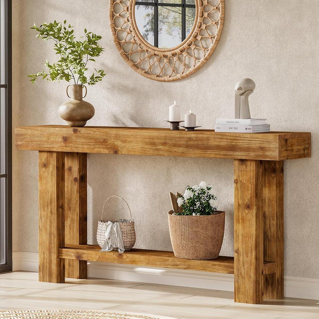 TRIBEWOOD 63-Inch Solid Wood Long Console Table, Farmhouse Narrow Entryway Sofa Table with 2-Tier Storage, for Living Room, Hallway, Entrance, Foyer, Rustic Brown