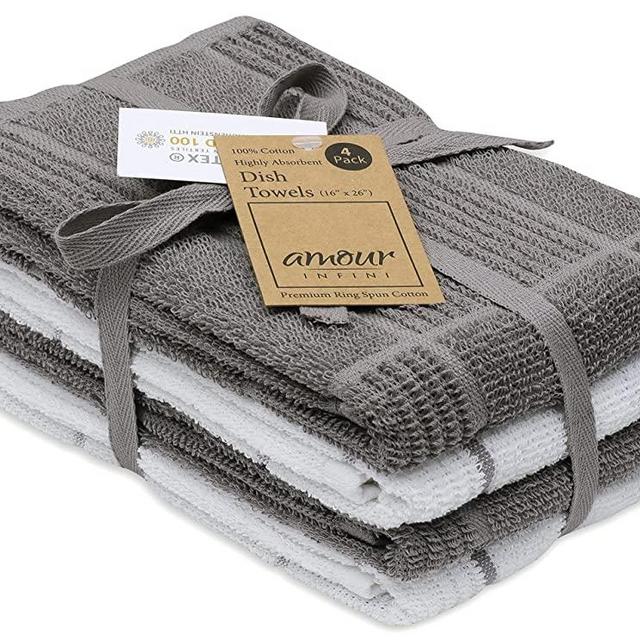 AMOUR INFINI Terry Dish Towel | Set of 4 | 16 x 26 Inches | Durable, Soft and Absorbent |100% Cotton Dishtowels | Perfect for Household and Commercial Uses | Light Gray