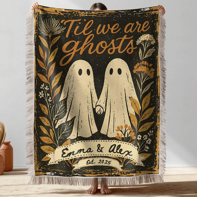 Custom Spooky Ghost Couple Engagement Gift, Personalized Til Death Do Us Part Halloween Wedding Woven Blanket, Tapestry Anniversary Gift