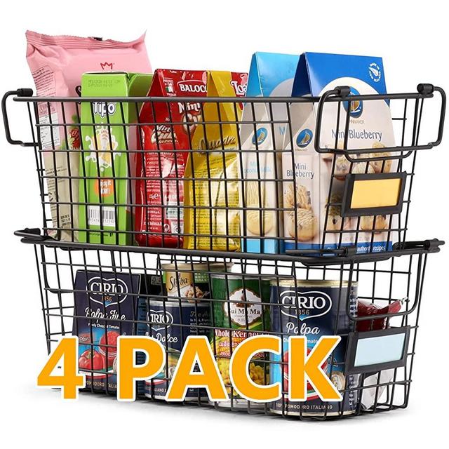 4 Pack Large Stackable Wire Baskets For Pantry Storage and Organization - Metal Storage Bins for Food, Fruit - Kitchen Bathroom Closet Cabinets Countertops Organizer