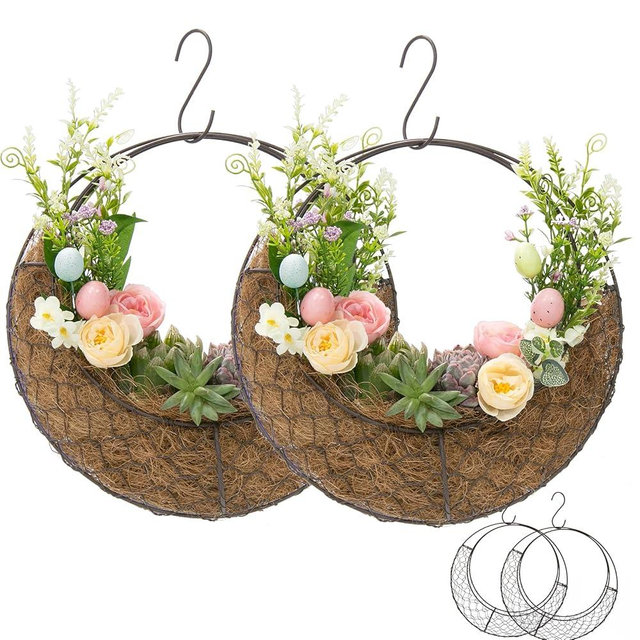 2pcs Moon Shaped Metal Hanging Baskets Planter for Plant, Wire Wreath Frame Air Plant Hanger, Succulent Flower Plant Holder Pot Decor Basket with Hook, Hanging Flower Stand Wall Plant Holder (Moon)
