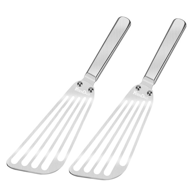 KSENDALO Flexible Fish Spatula Stainless Steel -Slotted Thin Egg Flipper with Riveted Handle, Angled Blade & Hollow Grip, Metal Turner for Cooking Fish Egg Pancakes (2 pack)