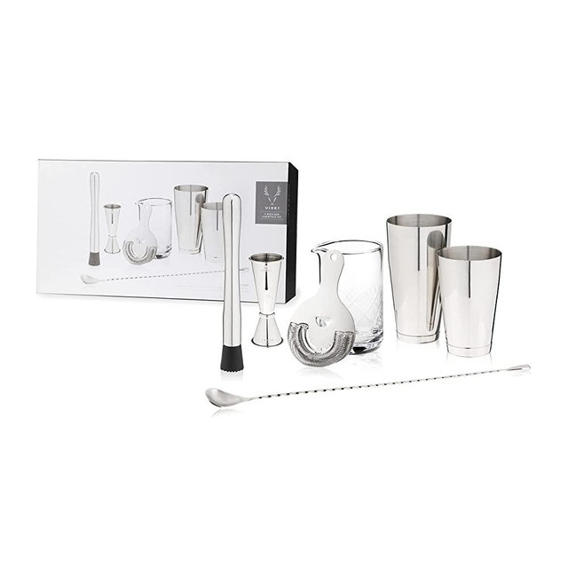 Viski 7 Piece Barware Essentials Set Includes Crystal Mixing Glass, Hawthorne Strainer, Bar Spoon, 2 Boston Shaker Tins, Muddler, and Jigger, Set of 1, Silver