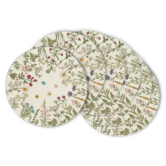 Artoid Mode Antique Herbs Wild Flowers Spring Round Placemats Set of 6, 14 Inch Summer Round Table Mats for Dining Decoration