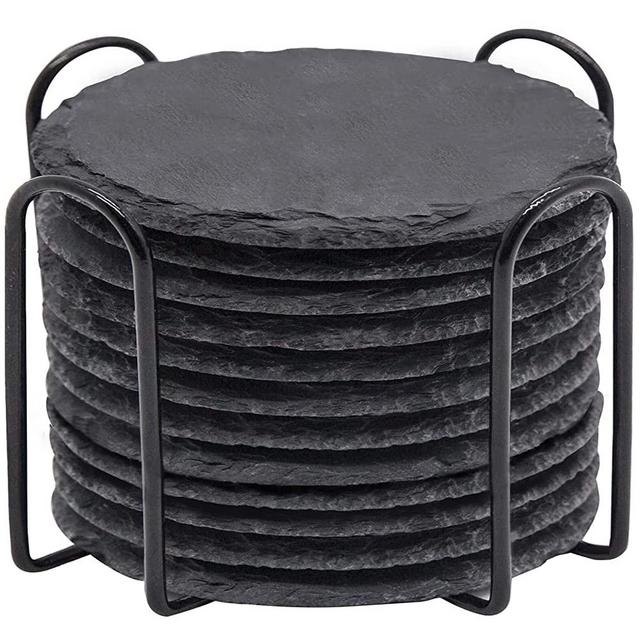 Slate Coasters with Holder, MAPRIAL 4 Inch 12 Pieces Round Black Slate Stone DIY Coasters with Anti-Scratch Backing for Bar, Kitchen, Home Decor
