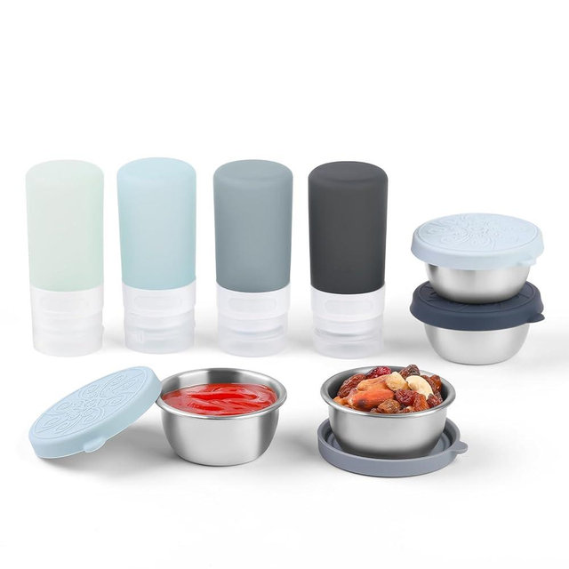 MICEBAY 8-Pack Salad Dressing Container To Go, 2-oz Silicone Small Condiment Squeeze Bottles and 1.6 oz Stainless Steel Sauce Containers Cups, Leakproof Condiment Containers with Lids for Lunch Box