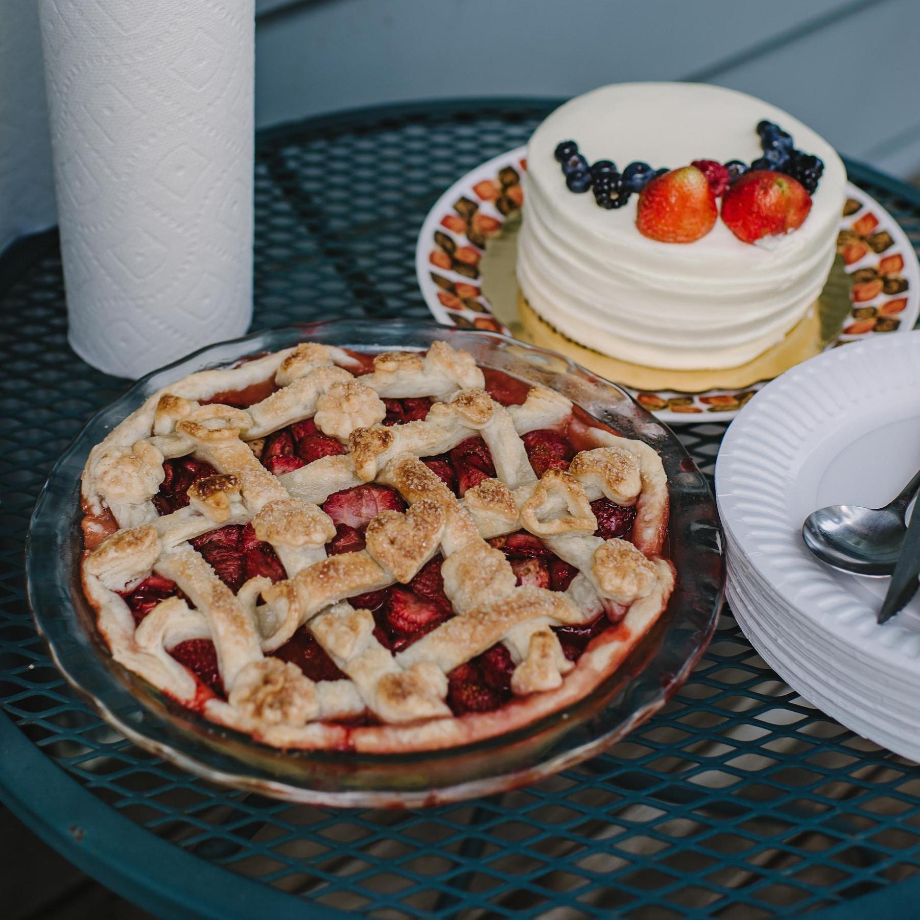 Vegan strawberry pie courtesy of a friend, cake courtesy of Whole Foods