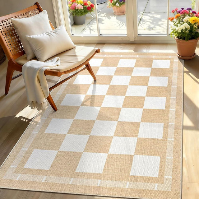 Vasofe 3x5 Plaid Rug, Jute Rugs, Washable Outdoor Indoor Checkered Carpets, Entryway Bedroom Potio Porch Kitchen Carpet, Non Slip Farmhouse Neutral Office Laundry Floor Mat, Khaki and White
