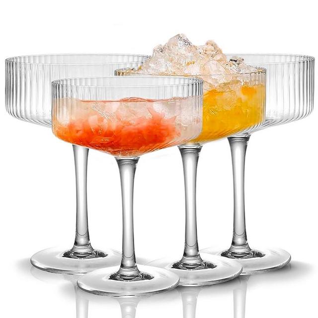 Qipecedm 4 Pcs Ribbed Coupe Glasses, 10 oz Vintage Cocktail Coupe Glasses Set, Unique Martini Glass, Classic Cocktail Galssware, Bar Drinking Glasses Set Pefect for Cocktail, Wine, Champagne & Gift