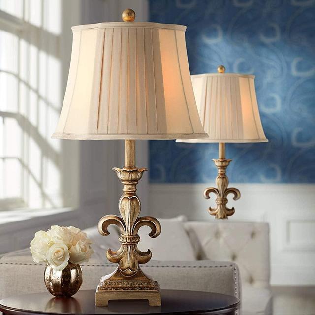 Louis Traditional French Fleur-de-Lis Table Lamps Set of 2 Antique Gold Ivory White Pleated Bell Shade Decor for Living Room Bedroom House Bedside Nightstand Home Office Family - Regency Hill