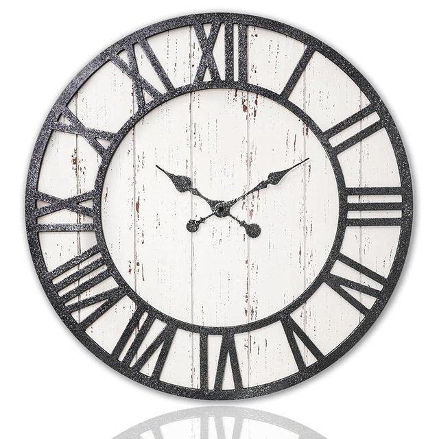 NELONY Large Farmhouse Wall Clock, 24" Rustic Roman Numerals Wooden Wall Clock for Living Room, Battery Operated, Silent (Silver & Black)