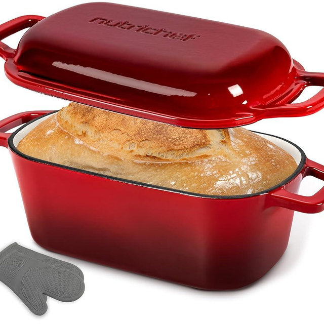 NutriChef 10" Enameled Cast Iron Bread Pan with Lid, Oval Loaf Dutch Oven with Silicone Gloves, Oven-Safe to 500°F, for Baking, Roasting, Stewing & More, Dishwasher Safe (Red)