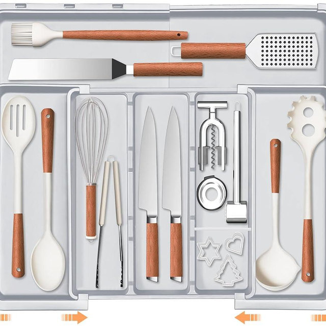 Spaclear Large Utensil Drawer Organizer Expandable Silverware Organizer for Kitchen Drawer Adjustable Cooking Utensil Holder Cutlery Flatware Tray Spatula Tools Gadgets Storage Dividers Plastic Grey