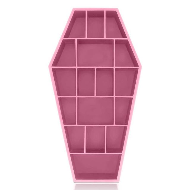 Gothic Curiosities Curio Coffin Shelf - Wooden Goth Decor for Display or Storage of Shot Glasses, Mini Figures, Rocks, and More - 18.5 by 9.5 by 2.75 Inches (Pink)