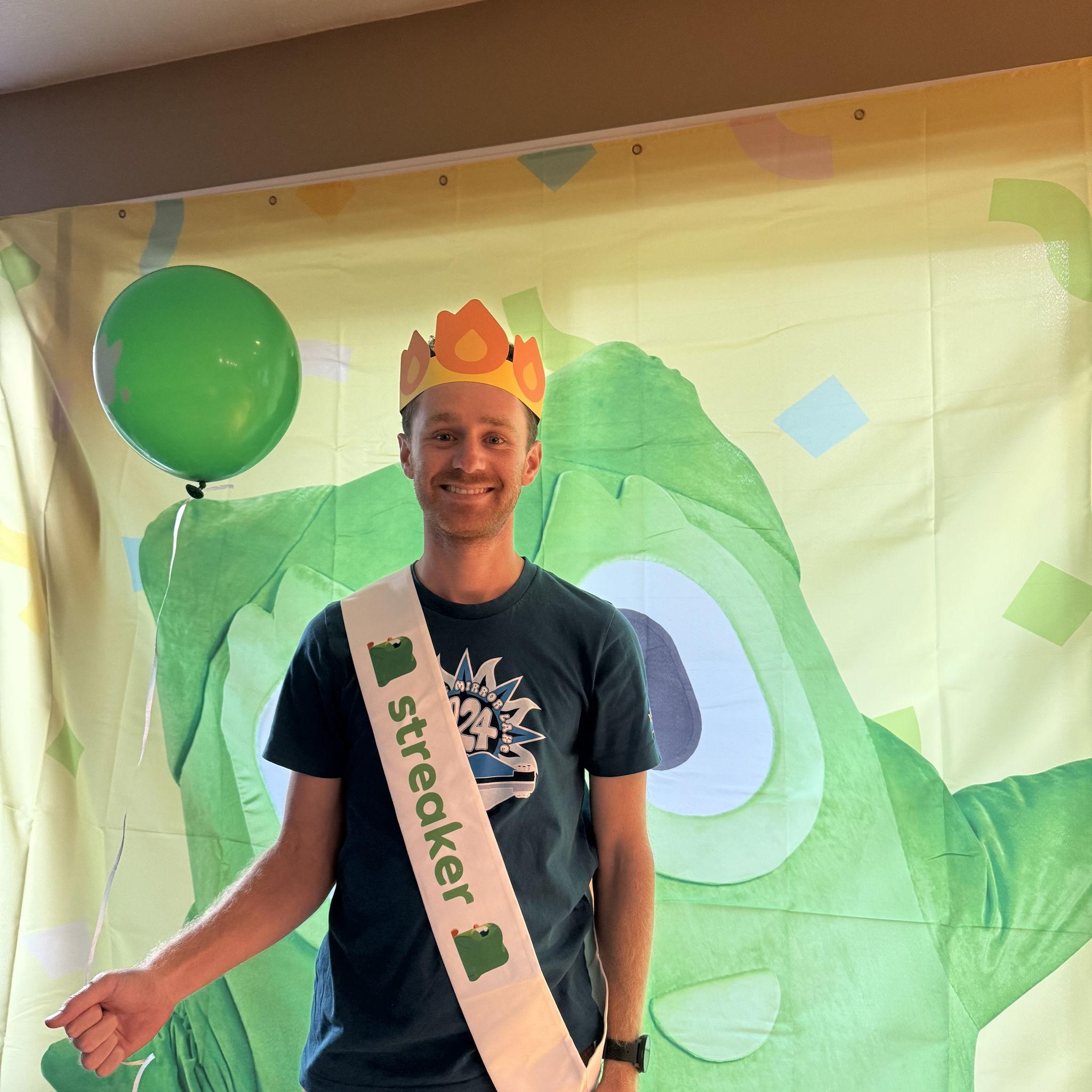 Forest celebrating his 365 day streak of duolingo