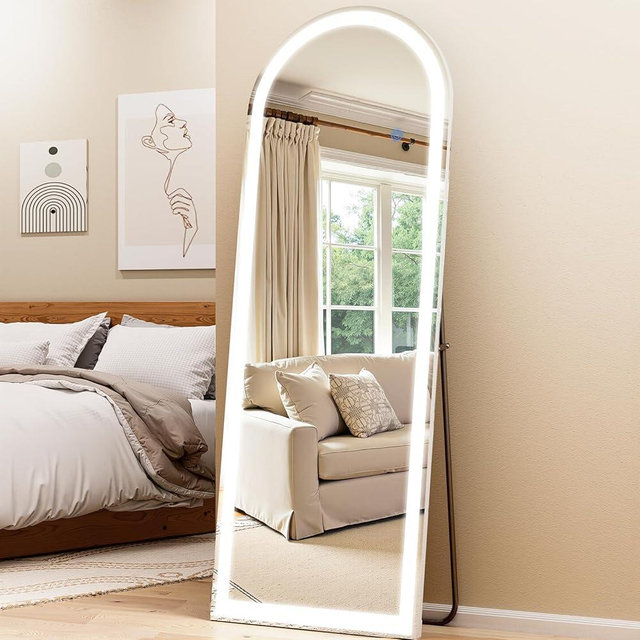 Koonmi Arched LED Full Length Mirror 26" x 65" Wall Mounted/Standing Full Body Mirror with Dimmable & 3 Color Lighting, Aluminum Alloy Frame, Tempered Glass, Safe to Use, for Bedroom/Cloakroom