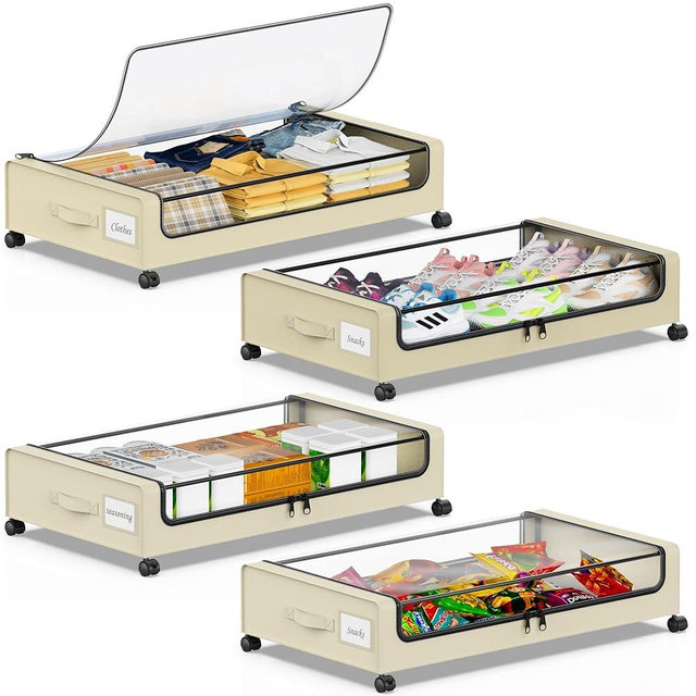 Beborxue Under Bed Storage with Wheels, 4-Pack Under Bed Storage Containers with Clear Lids, XXL 60L Under the bed storage Organizer Bins, Rolling Under Bed Metal Drawer for Clothes,Shoes,Toys (Beige)