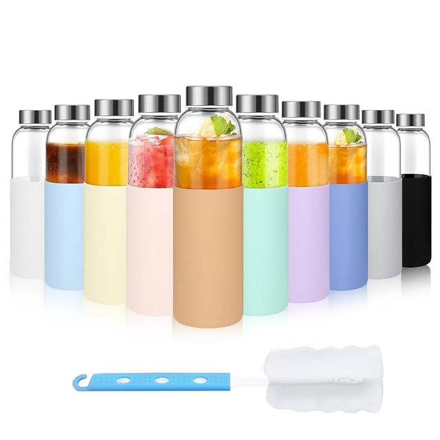 Luxfuel 18 oz Glass Bottles with Lids and Silicone Sleeve, Reusable Glass Juice Bottles with Stainless Steel Cap for Juicing, Refrigerator,100% Leak Proof, BPA Free,Glass Water Bottles Set of 10