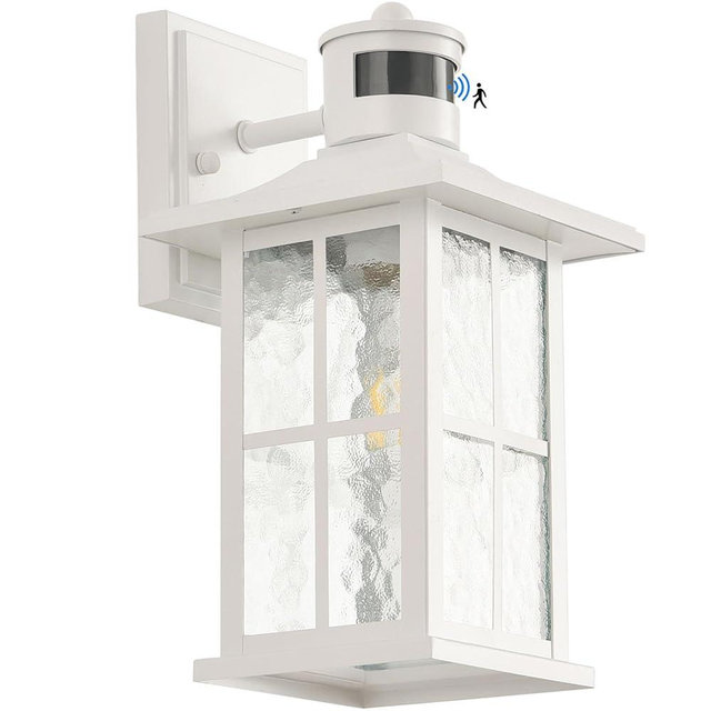 FLEDAVID Motion Sensor Outdoor Wall Light Fixtures Dusk to Dawn Exterior Porch Lantern White Outside Sconce Lighting Rustic Wall Mount Lamp with Water Ripple Glass for House Garage Patio Entryway