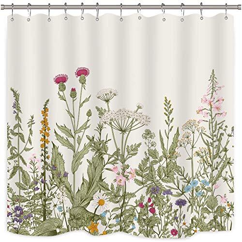 Riyidecor Green Leaves Shower Curtain Floral Flower Tulip Tree Plants Ivy White Brown Herbs Decor Bathroom Set Polyester Waterproof 72x72 Inch Plastic Hooks 12 Pack