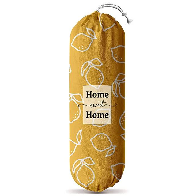 Lemon Pattern Grocery Bag Storage Holder, Wall Mount Free Adjustment with Drawstring, Washable Canvas Plastic Bag Organizer, Grocery Bag Storage Dispenser ​for Home Kitchen, 23x9 inch