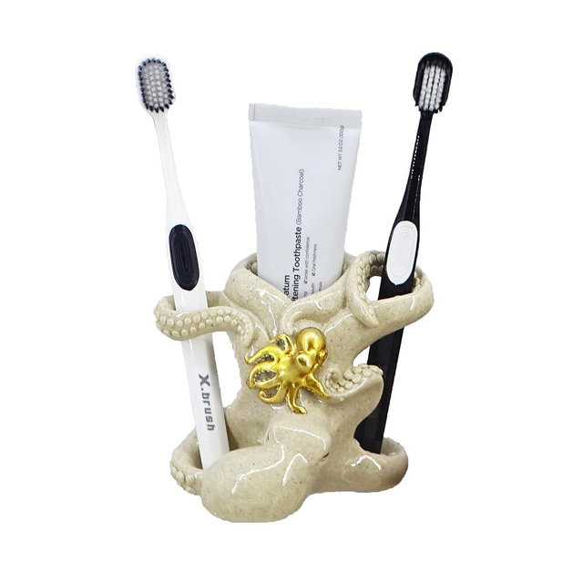 5-inch Cute Octopus Toothbrush Holder - Sandstone Resin Bathroom Organizer for 2 Brushes & Toothpaste, Non-Slip Coastal Decor with Mother & Baby Design