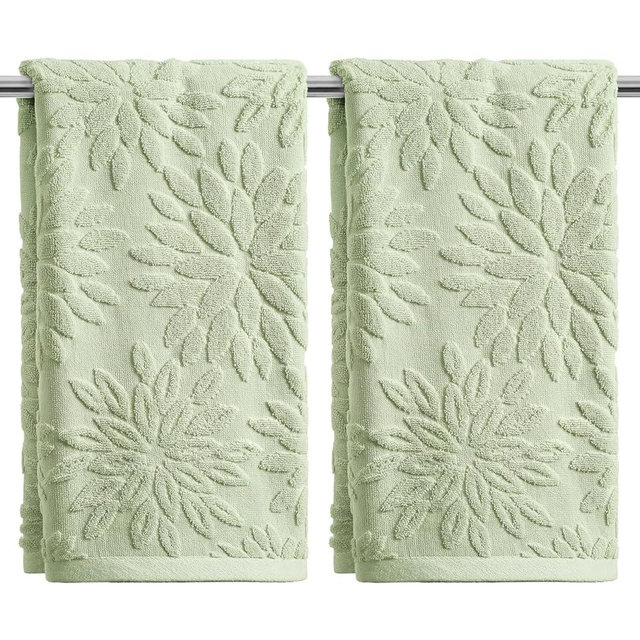Artoid Mode 2 Pcs Light Green 3D Dahlia Floral Jacquard Spring Hand Towels for Bathroom, Cotton Soft Absorbent Bathroom Decor Towels, 13.7 x 29.5 Inch