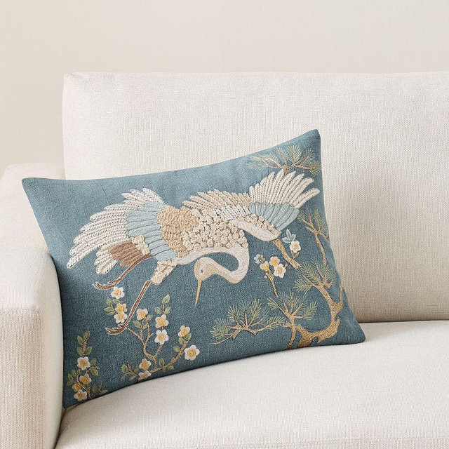 Crane Embroidered Lumbar Pillow Cover, Blue Multi, 14" x 20"