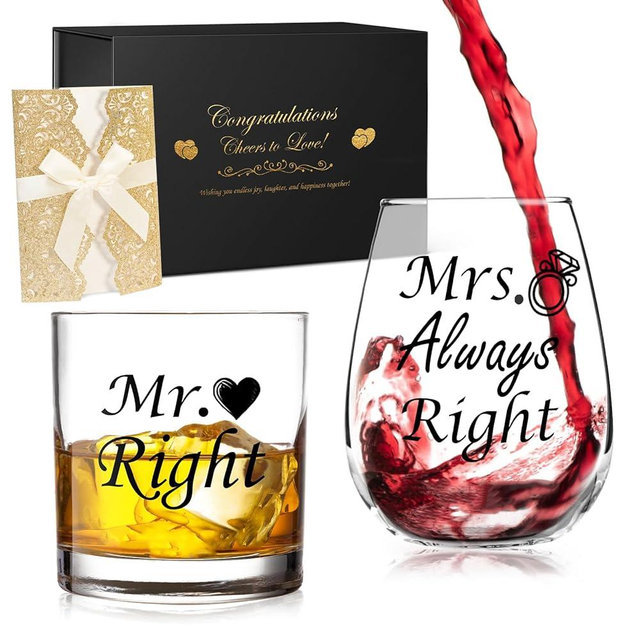 DIOXADOP Wedding Engagement Gifts for Couples: Mr & Mrs Wedding Glass Set Bridal Shower Gifts - Whiskey Wine Glasses for Bride Bachelorette Registry Gift