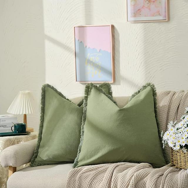 ZWJD Pillow Covers 18x18 Set of 2 Olive Green Throw Pillow Covers with Fringe Chic Cotton Decorative Pillows Square Cushion Covers for Sofa Couch Bed Living Room Farmhouse Boho Decor