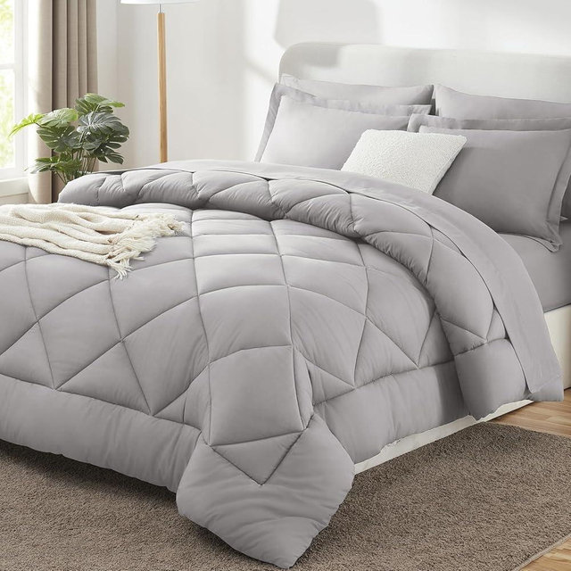 CozyLux King Size Comforter Set French Grey - 7 Pieces Bed in a Bag King, Luxury Soft Bed Set for All Seasons, Bedding Set with Down Alternative Comforter, Sheets, Pillowcases & Shams
