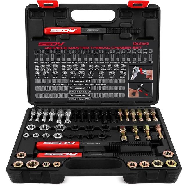 Thread Repair Thread Chaser Tool Set - 49PCS Thread Cleaner Rethreading Master Kit Metric SAE Bolt Restorer File Nut Rethreader Automotive Wheel Stud Spark Plug Engine Standard Screw Threading UNC UNF