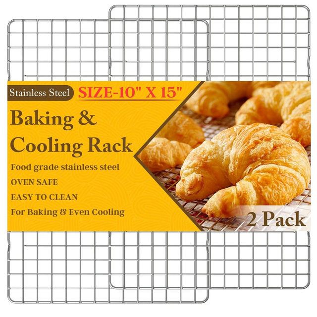 2PCS Cooling Racks for Cooking and Baking - 10" x 15"Heavy Duty Stainless Steel Wire Rack for Baking, Grilling, Roasting - Oven & Dishwasher Safe - Fits Jelly Roll Sheet Pan-Silver