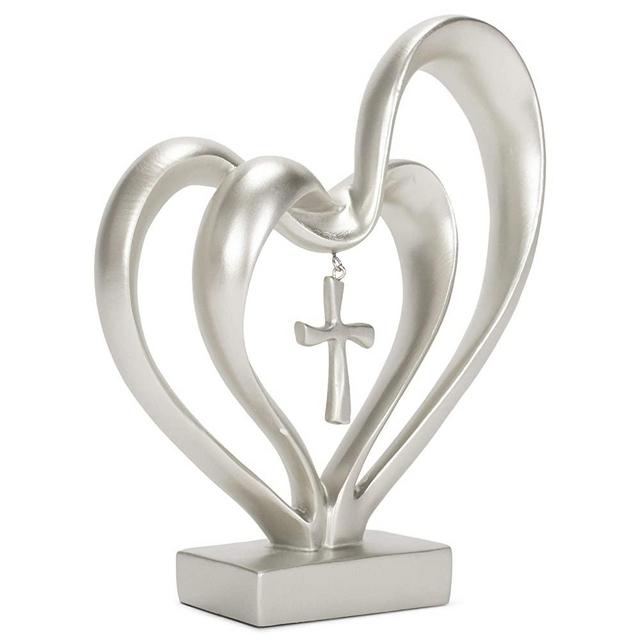 Marriage Takes Three Matte Silver Finish 13X8 inch Cross in Middle of Hearts Tabletopper