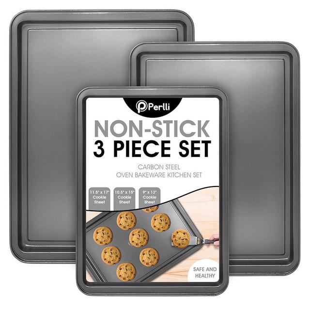 PERLLI Non-Stick 3-Piece Baking Pan Set, BPA-Free Gray Carbon Steel Bakeware Set, Stackable Kitchen Oven Set, Cookie Sheet, Baking Tray, Baking Sheet Set, Oven Safe (446°F)