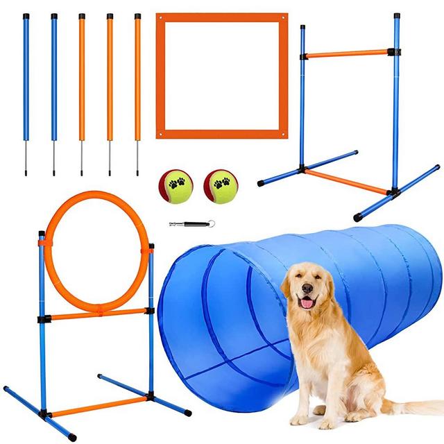 JMMPOO Dog Agility Training Equipment - 60 Piece Dog Obstacle Course Training Starter Kit - Pet Outdoor Games with Tunnel, 5 Weave Poles, Adjustable Hurdle, Jump Ring, Pause Box, Toys and Carrying Bag