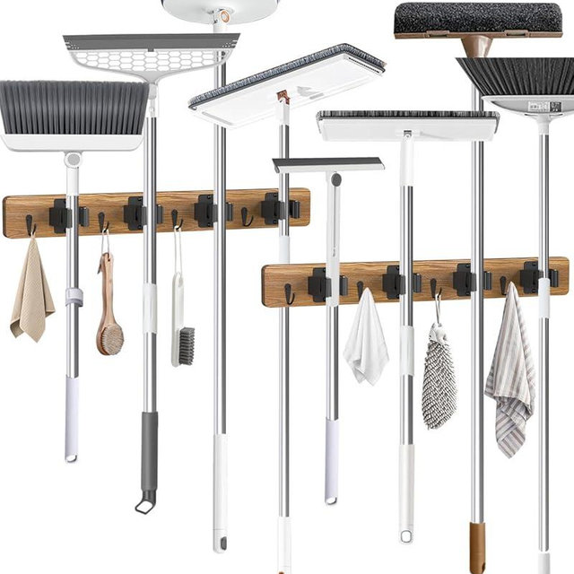 AceMining Broom Holder Wall Mounted, 2 Pack 4 Holders and 4 Hooks Mop Holder, Wooden Mop and Broom Holder with Anti slip rubber, Natural pine wood Brush Holder, Mop Wall Holde with Nail installation